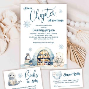 A New Chapter Will Soon Begin Book Baby Shower Invitation card, Library Storybook theme invite, Boy Blue Winter Arctic animals TEMPLATE 430