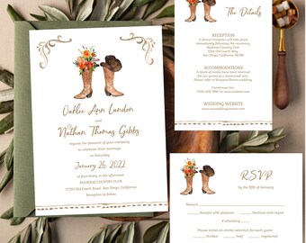ORANGE Cowboy Boot Wedding Invitation Suite, Rustic Wedding Invitation, Country Wedding, Western Wedding Invite Set OAKLEE TEMPLATE 211