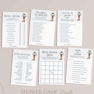 Cowboy Boots and Bubbly Bridal Shower games bundle,  NAVY BLUE BLUSH flowers and champagne, fun unique shower game cards | template 193