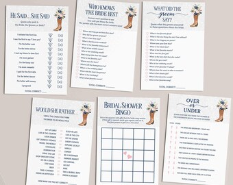 Cowboy Boots and Bubbly Bridal Shower games bundle,  NAVY BLUE BLUSH flowers and champagne, fun unique shower game cards | template 193
