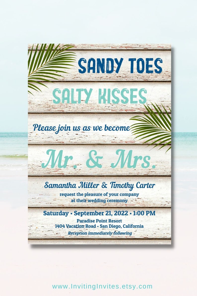 Sandy Toes Salty Kisses Beach Wedding Invitation, Tropical Wedding Invite, Palm Tree, Destination Wedding,Hawaii, Mexico, TEMPLATE 210 image 4