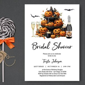 Halloween Bridal Shower Invitation, Pumpkin and Champagne, Fall Autumn Bridal Shower Invite, Spooky Wedding Shower Invite | TEMPLATE 258