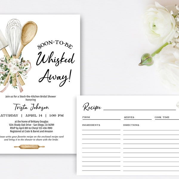 Whisked Away Bridal Shower Invitation with recipe card, Stock the Kitchen Invite, baking kichen bridal shower invitation theme TEMPLATE 245