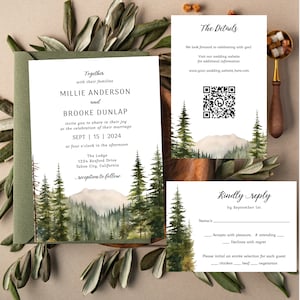 Mountain Wedding Invitation Template Set, Woodland Forest Pine Wedding Invite Suite, Rustic Sage Details Card, Printable RSVP, Download 295 image 2