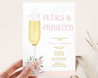 Petals and Prosecco Bridal Shower Invitation, Champagne Bridal Shower, Wedding Shower, pink floral | PRINTABLE EDITABLE TEMPLATE | 136