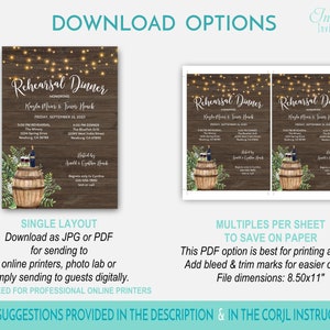 May include: A printable rehearsal dinner invitation with a rustic wood background and string lights. The invitation features a barrel with wine bottles and glasses, green leaves, and the text "Rehearsal Dinner" in a brown font. The invitation is available in single layout or multiples per sheet to save on paper.