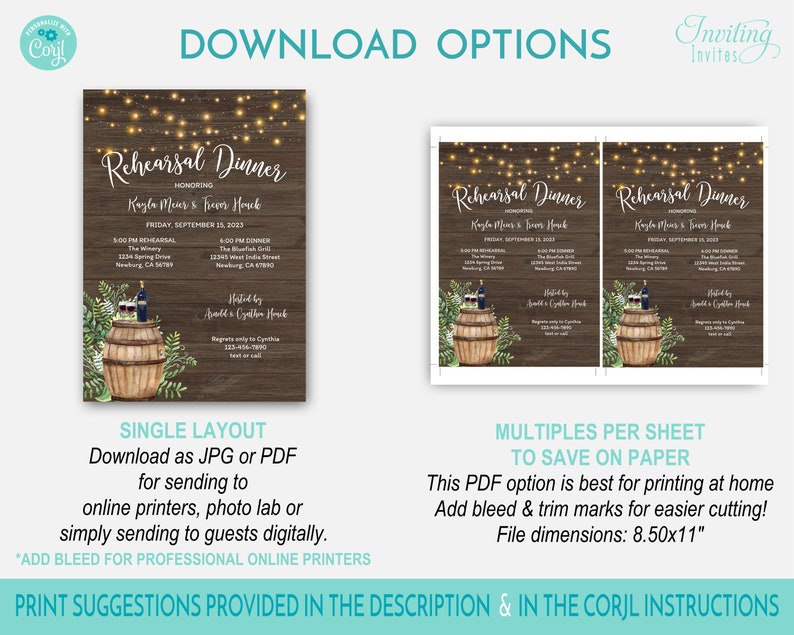 May include: A printable rehearsal dinner invitation with a rustic wood background and string lights. The invitation features a barrel with wine bottles and glasses, green leaves, and the text "Rehearsal Dinner" in a brown font. The invitation is available in single layout or multiples per sheet to save on paper.