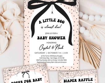 May include: A pink and black baby shower invitation with a spider web design and a black bow. The text reads "A Little Boo is almost due!" and includes details about the event, including the date, time, location, and RSVP information.