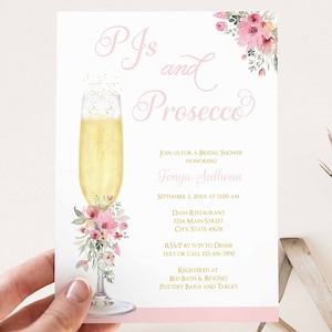 PJs and Prosecco Bridal Shower Invitation, Champagne Bridal Shower theme, Wedding Shower, pink floral | PRINTABLE DIGITAL TEMPLATE | 153