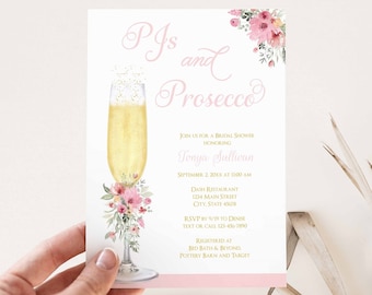 PJs and Prosecco Bridal Shower Invitation, Champagne Bridal Shower theme, Wedding Shower, pink floral | PRINTABLE DIGITAL TEMPLATE | 153