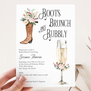 Blush Cowboy Boots Brunch and Bubbly Bridal Shower Invitation Champagne Theme Invite Floral Cowgirl Rustic Farm Western Country TEMPLATE 191