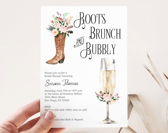 Blush Cowboy Boots Brunch and Bubbly Bridal Shower Invitation Champagne Theme Invite Floral Cowgirl Rustic Farm Western Country TEMPLATE 191