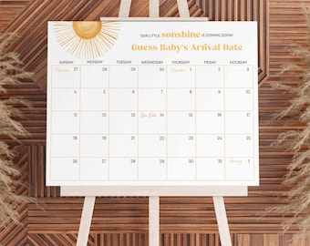 Guess Baby's Due Date Calendar Sign, Neutral Sun Son Baby Shower, fun shower game, Guess Baby's birthday, birth date arrival | TEMPLATE 386