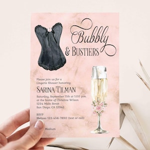 Bubbly and Bustier Lingerie Bridal Shower Invitation | Champagne Theme | Bachelorette Party Invite | Pink with Black Bustier TEMPLATE 468