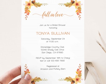 Fall In Love Bridal Shower Invitation, Autumn Wedding Shower Invite, Fall Leaves, Fall Wedding Invite, Fall Theme Bridal Shower TEMPLATE 253