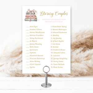 Literary Couples Book theme bridal shower game, fun unique game, pink bow book themed | TEMPLATE 354