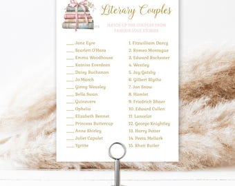 Literary Couples Book theme bridal shower game, fun unique game, pink bow book themed | TEMPLATE 354
