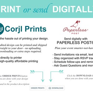Puede incluir: Gr&aacute;fico en verde azulado y blanco que promociona opciones de impresi&oacute;n y digitales. La imagen presenta el logotipo de Corjl Prints y texto que describe los servicios de impresi&oacute;n. Tambi&eacute;n destaca Paperless Post para invitaciones digitales.