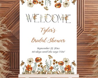 Fall Wildflower Bridal Shower Welcome Sign Poster, rustic boho theme, autumn sign with burnt orange terracotta floral flower | TEMPLATE 139