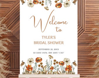 Fall Wildflower Bridal Shower Welcome Sign Poster, rustic boho theme, autumn sign with burnt orange terracotta floral flowers | TEMPLATE 537