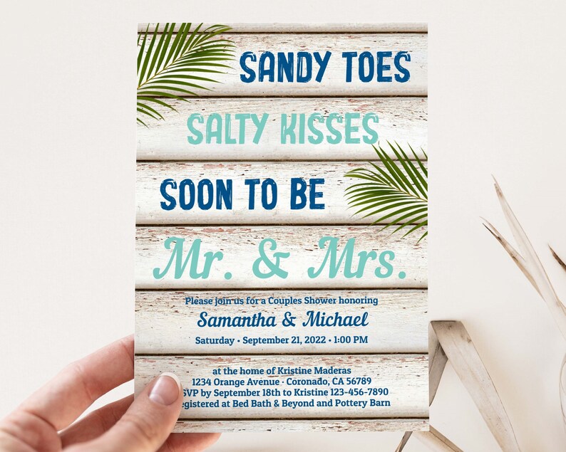 Beach Engagement Party Invitation, Sandy Toes Salty Kisses, Beach Bridal Shower Invitation, Tropical Destination Wedding, Palm TEMPLATE 209 image 1