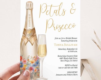 Petals and Prosecco Bridal Shower Invitation, Champagne Theme Bridal Shower Invites, Wedding Shower Invite, floral flowers | TEMPLATE 341