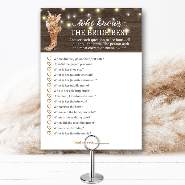 Who Know the Bride Best bridal shower game, matches Cowboy Boots Boho Pampas Grass invite, rustic western | EDITABLE TEMPLATE 203