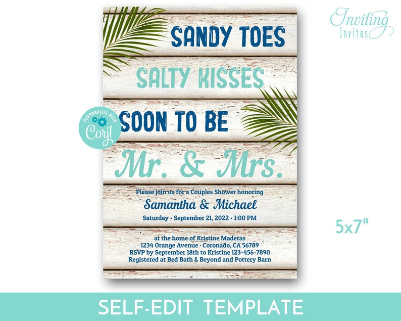 Beach Engagement Party Invitation, Sandy Toes Salty Kisses, Beach Bridal Shower Invitation, Tropical Destination Wedding, Palm TEMPLATE 209 image 2