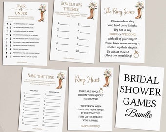 Boots Brunch Bubbly Bridal Shower games bundle, white floral flowers, champagne and cowboy boots,shower games card | DOWNLOAD TEMPLATE 191