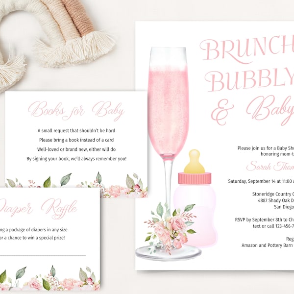 Baby girl Shower brunch Invitation bundle, Poppin Bottles Invite, Couples Coed Shower, champagne, baby bottle, pink floral  | TEMPLATE 183