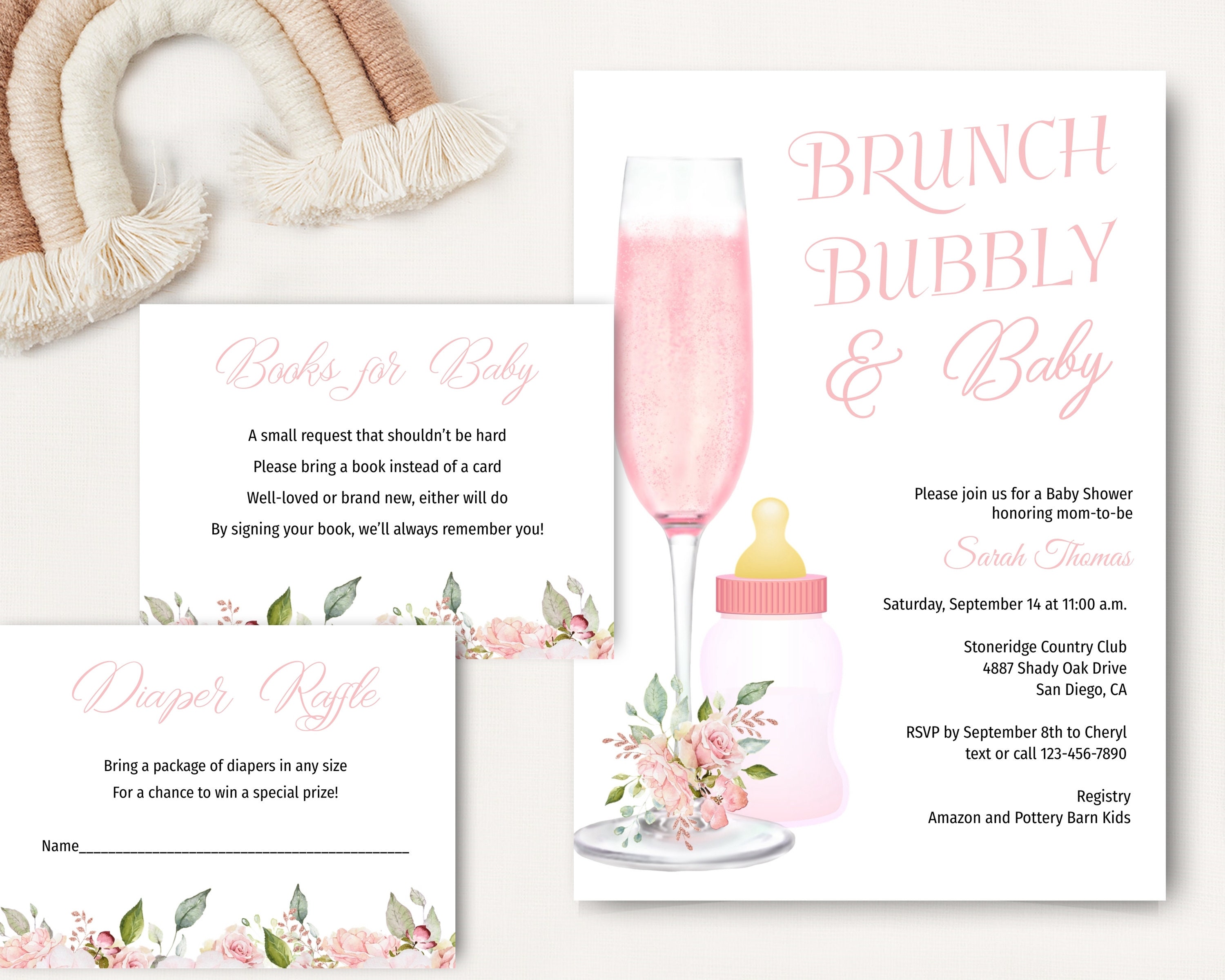 Baby girl Shower brunch Invitation bundle, Poppin Bottles Invite, Couples Coed Shower, champagne, baby bottle, pink floral  | TEMPLATE 183