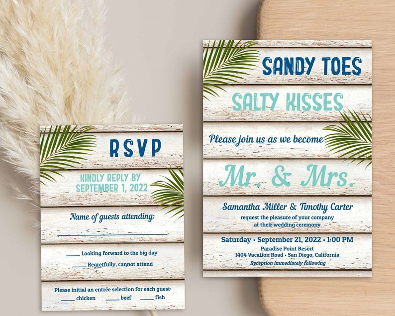 Sandy Toes Salty Kisses Beach Wedding Invitation, Tropical Wedding Invite, Palm Tree, Destination Wedding,Hawaii, Mexico, TEMPLATE 210 image 1