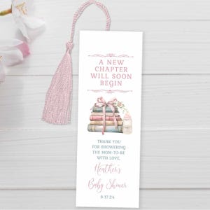 Pink Book Themed Baby Shower Favor Bookmark TEMPLATE, A New Chapter Will Soon Begin Book Baby Shower, Library Storybook theme, girl baby 363