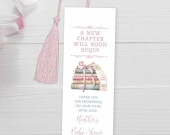 Pink Book Themed Baby Shower Favor Bookmark TEMPLATE, A New Chapter Will Soon Begin Book Baby Shower, Library Storybook theme, girl baby 363