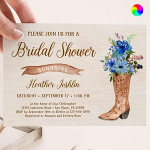 BOHO BLUE Cowboy Boots Bridal Shower Invitation, Rustic Blue Cowgirl Boot, Western Country Invite, Boho Chic flowers TEMPLATE 226 T