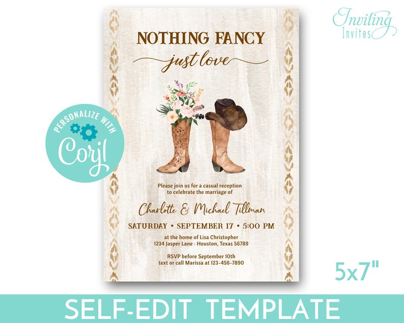 May include: A rustic wedding invitation template with the text "NOTHING FANCY just love." The design features watercolor illustrations of cowboy boots, a hat, and flowers. The invitation includes event details and is labeled as a self-edit template.