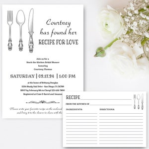 Recipe for Love Bridal Shower Cooking Luncheon Invitation, recipe card Kitchen theme invites, minimalist foodie vintage cutlery TEMPLATE 384