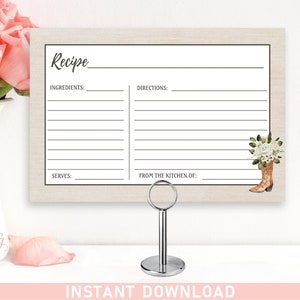 White Floral Cowboy Boots Recipe Card Printable, 4x6 Recipe Card, bridal shower recipe card, Cowgirl, Country Western INSTANT DOWNLOAD 219