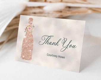 Rose Gold Champagne Bottle Bridal Shower Thank You Cards, Folded Thank You notes, pink flowers, Editable Printable TEMPLATE 114