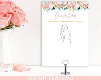 Guess the Dress Bridal Shower Game, Printable, party game, pink flowers, pink floral, blush, INSTANT DOWNLOAD  #112