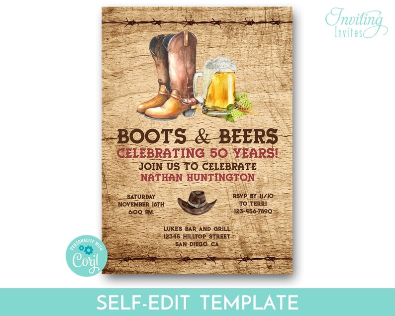 Cowboy Boots and Beer Rustic Birthday Party Invitation, Western ...