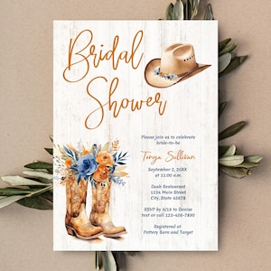 Burnt Orange Blue flowers Cowboy Boots Bridal Shower Invitation, rustic western country cowgirl invite, Texas, farm, ranch | TEMPLATE 422