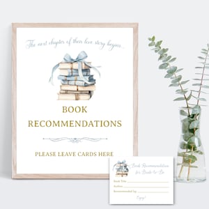 Blue Book Recommendations sign and small card, Next Chapter Love Story Theme Bridal Shower, Once Upon a Time fairytale shower TEMPLATE 376