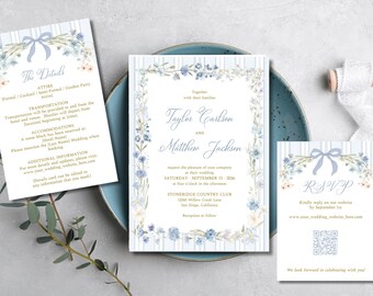Dusty Blue Wildflower Wedding Invitation Suite | Garden Romantic | Details Card, RSVP, QR Code | TEMPLATE 623