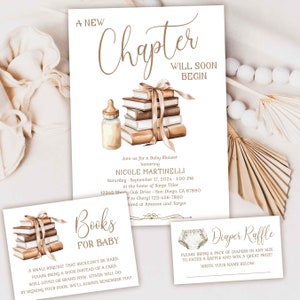 A New Chapter Will Soon Begin Book Baby Shower Invitation card, Library Storybook theme invite, gender neutral books theme TEMPLATE 392