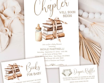 May include: A white invitation card with brown text announcing a baby shower for Nicole Martinelli. The invitation features a watercolor illustration of a stack of books tied with a brown ribbon and a baby bottle.