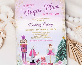 Sugar Plum Baby Shower Invitation Nutcracker Theme | Christmas Ballet Invite | Editable Template | Winter Baby Girl Shower TEMPLATE 584