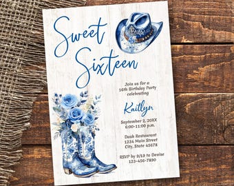 Sweet 16 Birthday Invitation, Royal Blue floral Cowboy Cowgirl Boots Invite, Rustic Country Sweet Sixteen, Sixteenth 16th TEMPLATE 452