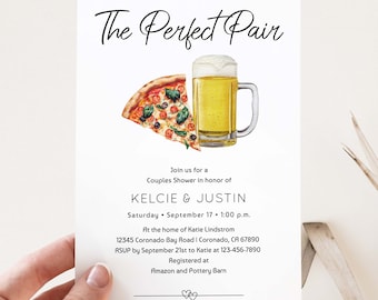 Beer and Pizza invite, The Perfect Pair Couples Shower Invitation, Italian theme, brews pizza Engagement Party Rehearsal Dinner TEMPLATE 287