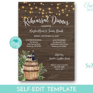May include: A rustic wood background with string lights, a watercolor illustration of a wine barrel, and a printable rehearsal dinner invitation for Kayla Meier and Trevor Houck. The invitation includes the date, time, and location of the rehearsal dinner and the dinner reception. The text "Self-Edit Template" is at the bottom of the invitation.